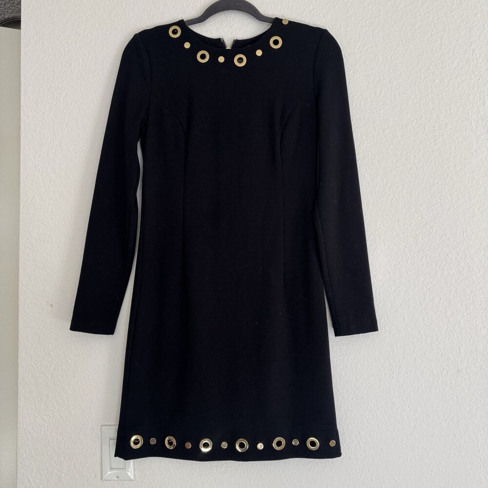 Michael Kors Black Gold Hardware Stretch Long Sleeve Sheath Dress Sz 0 Luxury